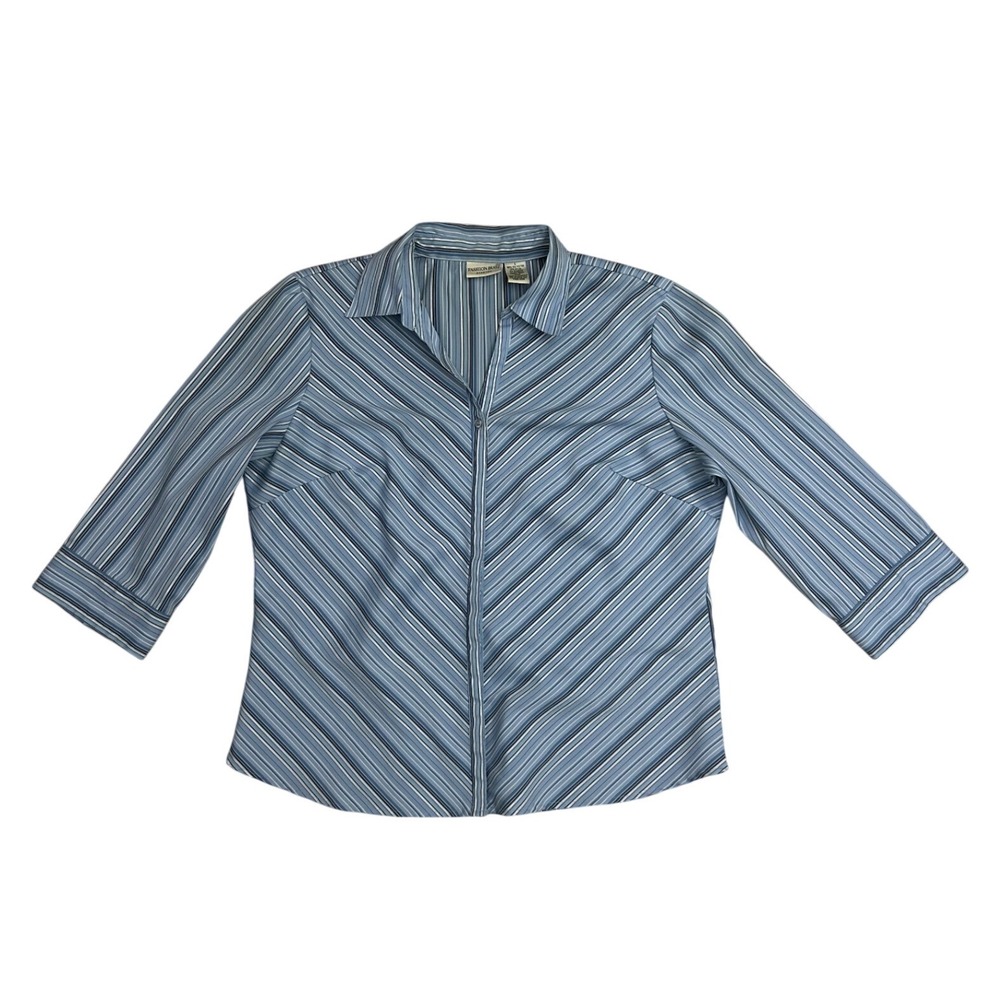 Vintage Blue Striped 3/4 Sleeve Button Up Blouse Office Sirenβ L preppy baddie